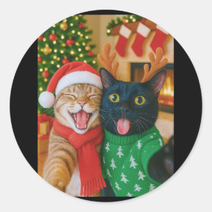 Funny Meme Cat Taking A Selfie Christmas Xmas Ligh Classic Round Sticker