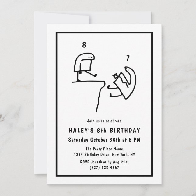 Funny Meme Humour Simple Black White 8th Birthday Invitation (Front)