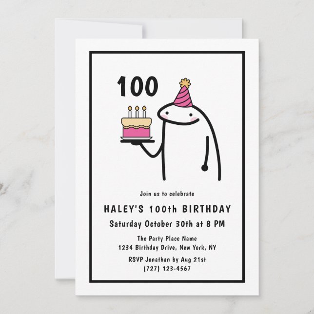 Funny Meme Simple Black & White 100th Birthday Invitation (Front)
