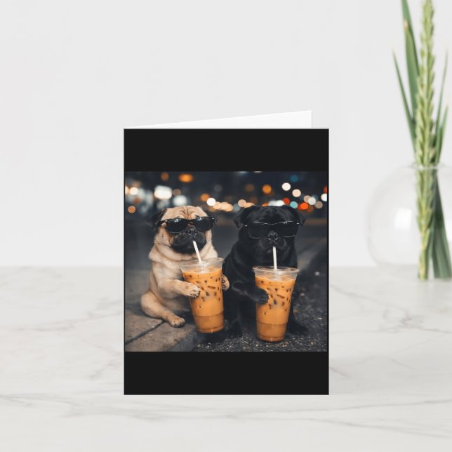 Funny meme two pugs drinking iced coffee  card (Front)