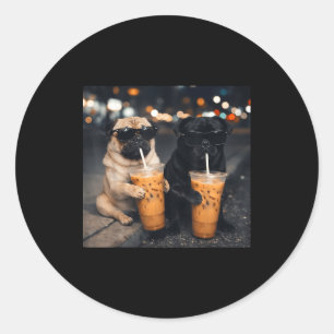 Funny meme two pugs drinking iced coffee classic round sticker