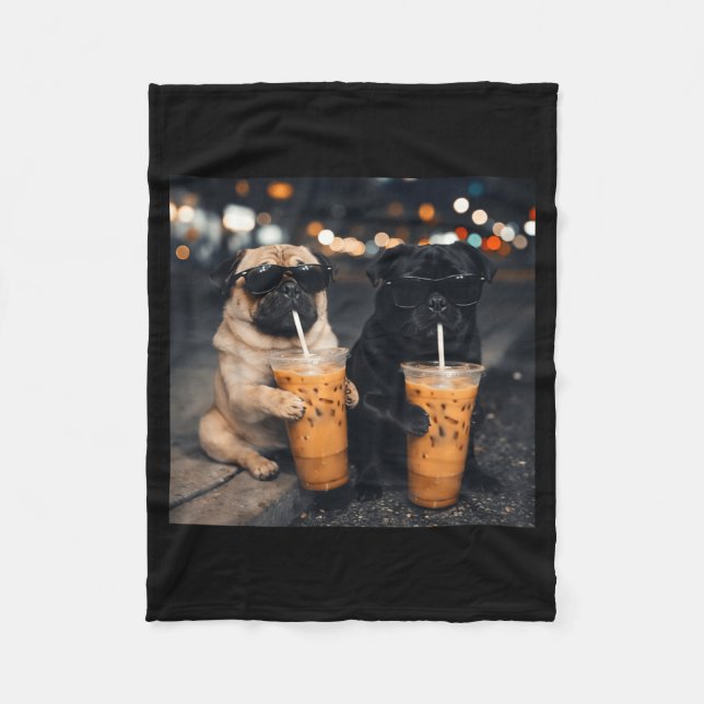 Funny meme two pugs drinking iced coffee  fleece blanket (Front)