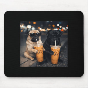 Funny meme two pugs drinking iced coffee  mouse pad