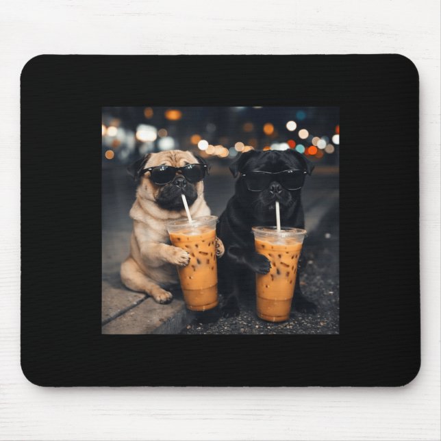 Funny meme two pugs drinking iced coffee  mouse pad (Front)