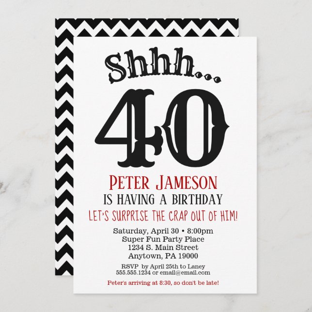 Funny Men's Surprise Party Invitation Black White (Front/Back)