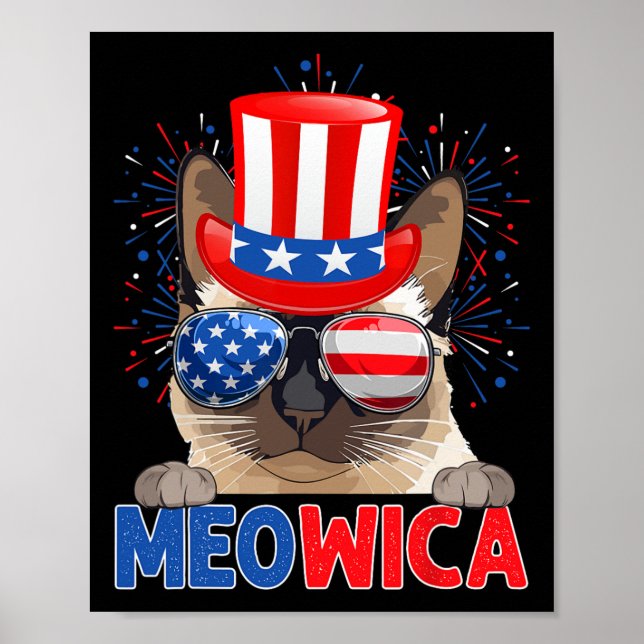 Funny Meowica Siamese Cat Lover Owner Usa Flag 4th Poster (Front)