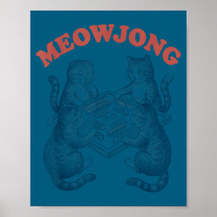 Funny meowjong cat playing mahjong retro poster