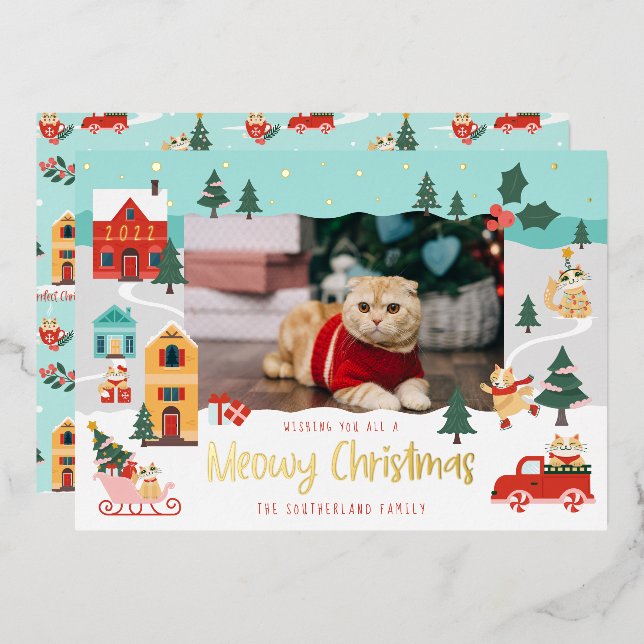 Funny Meowy Cat Christmas Snowy Winter Scene Photo Foil Holiday Card (Front/Back)