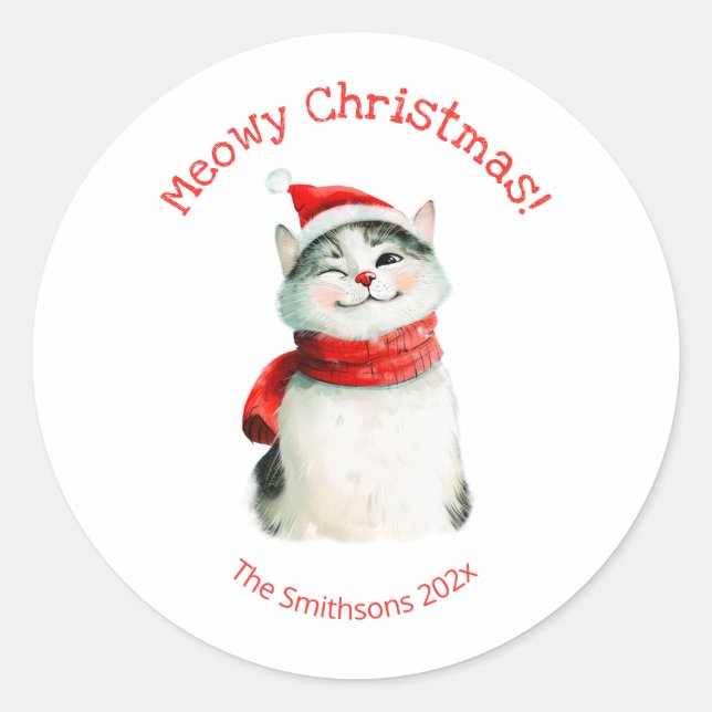 Funny Meowy Cat Cute Christmas Sticker (Front)