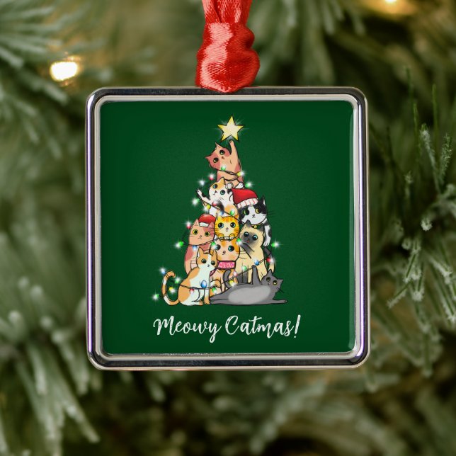 Funny Meowy Catmas Cats Christmas Tree Metal Ornament (Tree)