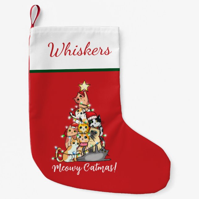 Funny Meowy Catmas Cats Christmas Tree Small Christmas Stocking (Front)