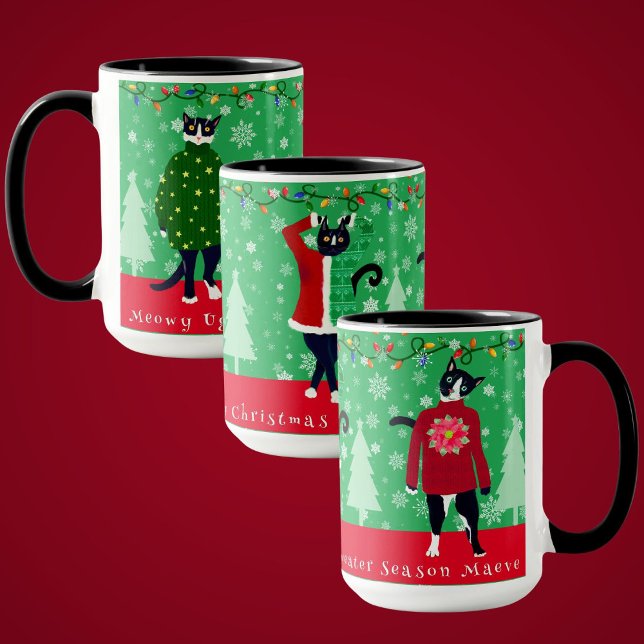 Funny Meowy Cats In Ugly Christmas Sweaters Mug (Tuxedo cats model ugly Christmas sweaters funny personalized holiday mug)