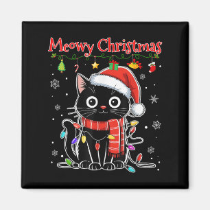 Funny Meowy Christmas Black Cat Xmas Lights Pajama Magnet