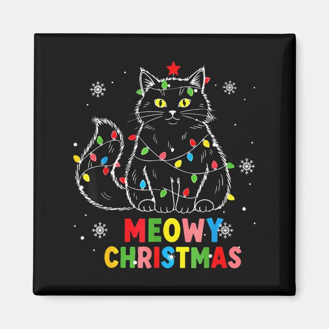 Funny Meowy Christmas Xmas Lights Black Cat Pajama Magnet (Front)