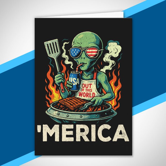 Funny ’Merica Alien BBQ Grilling Patriotic Retro Card (Creator Uploaded)