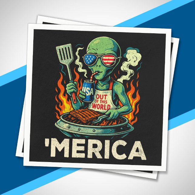Funny ’Merica Alien BBQ Grilling Patriotic Retro Napkin (Creator Uploaded)