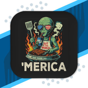 Funny ’Merica Alien BBQ Grilling Patriotic Retro Paper Plate