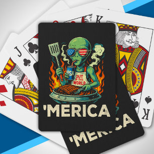 Funny ’Merica Alien BBQ Grilling Patriotic Retro Playing Cards