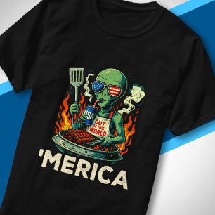 Funny ’Merica Alien BBQ Grilling Patriotic Retro T-Shirt
