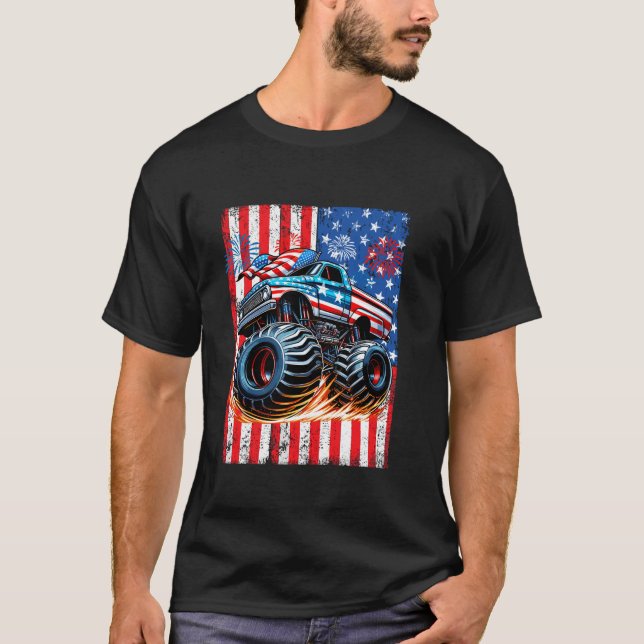 Funny Merica Monster Truck USA Flag 4th of July Lo T-Shirt (Front)