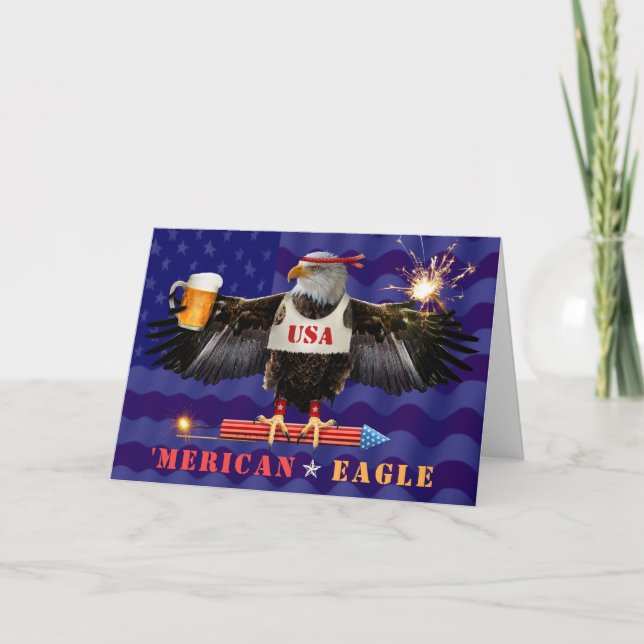 Funny Merican Eagle 4th of July Beer and Fireworks Card (Front)