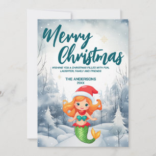 Funny Mermaid Merry Xmas tree snow Holiday party Card