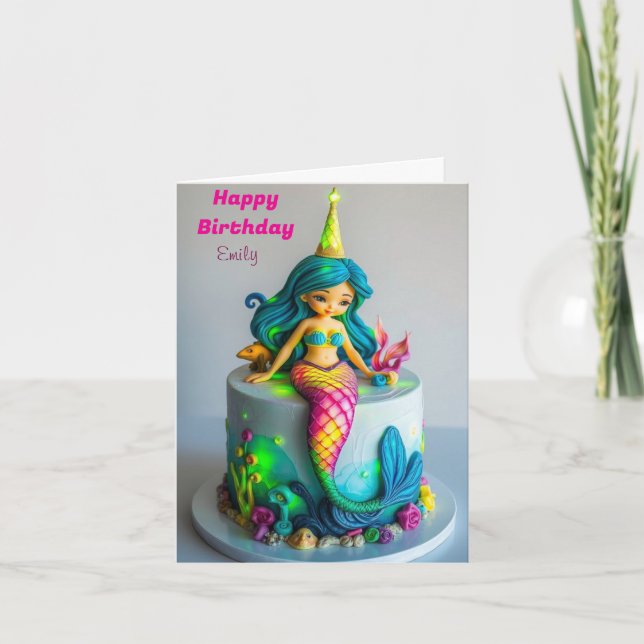 FUNNY MERMAID THEMED KIDS BIRTHDAY CAKE CARD (Front)
