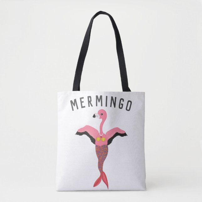 Funny Mermingo Graphic: Flamingo-Mermaid Hybrid Tote Bag (Front)