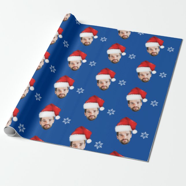 Funny Merry Christmas Custom Santa Face Blue Wrapping Paper (Unrolled)