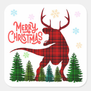 funny merry christmas dinosaur deer check plaid square sticker