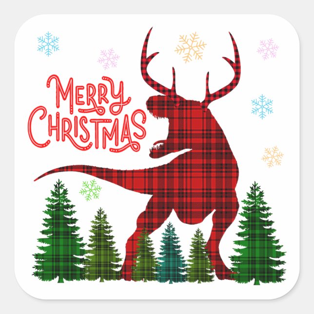 funny merry christmas dinosaur deer check plaid square sticker (Front)