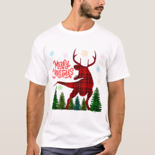 funny merry christmas dinosaur deer check plaid T-Shirt