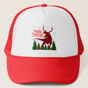 funny merry christmas dinosaur deer check plaid trucker hat