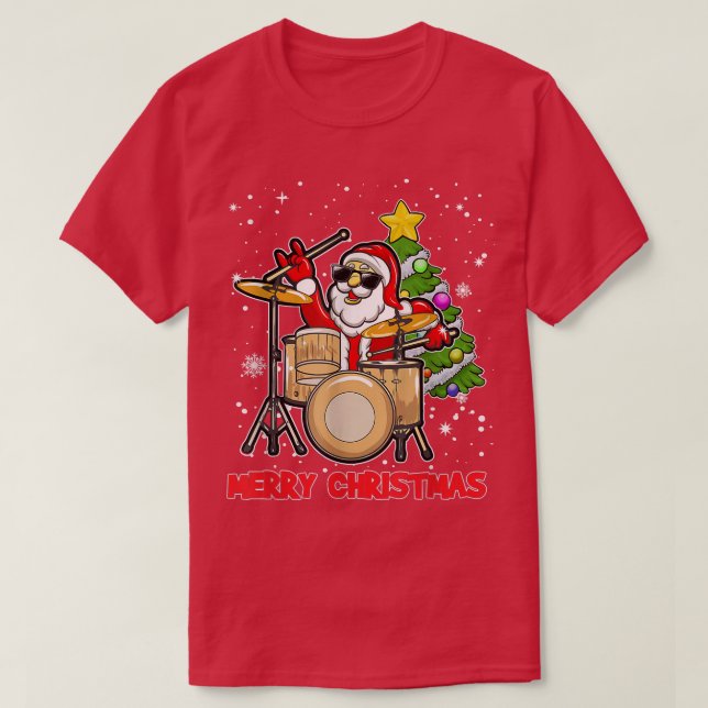 Funny Merry Christmas Drum And Santa Drummer Lover T-Shirt (Design Front)