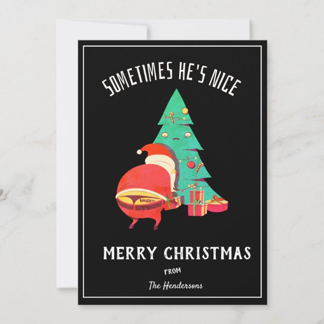 Funny Merry Christmas Greeting Naughty Santa Black Holiday Card (Front)