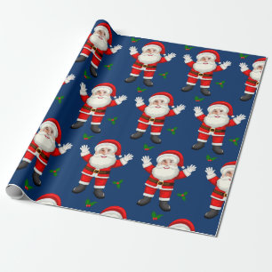 Funny Merry Christmas Leaf Custom Santa Face Blue Wrapping Paper