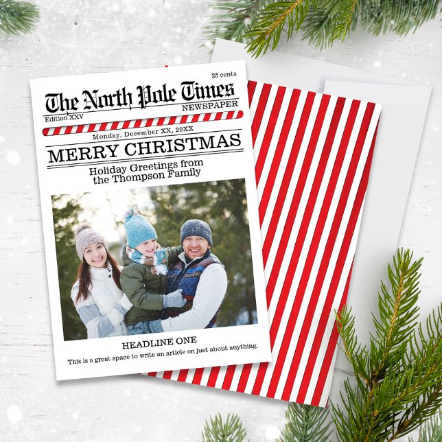 Funny Merry Christmas One Photo North Pole News  Holiday Card (Christmas whimsical cute photo card with a fun Newspaper Style.)