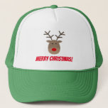 Funny Merry Christmas party hat with cute reindeer<br><div class="desc">Funny Merry Christmas party hat with cute Rudolf the red nose reindeer logo. Fun accessories for friends,  family,  Santa's helper. Match with your own costume or ugly xmas sweater. Cartoon deer with big antlers. Custom headwear for adults and kids. Green and red colours.</div>