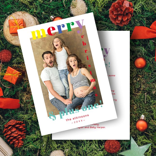 Funny Merry Christmas & Plus One Family Photo Holiday Card (Funny 'Merry Christmas & Plus One!' Quote Family Photo Holiday Card with Envelope.)