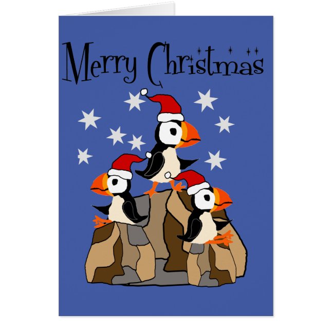 Funny Merry Christmas Puffin Birds and Snow (Front)