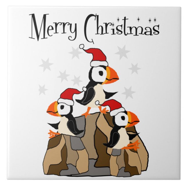 Funny Merry Christmas Puffin Birds and Snow Ceramic Tile (Front)
