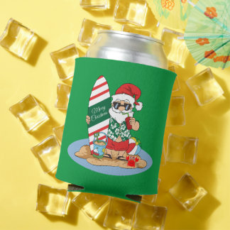 Funny Merry Christmas Santa on Summer Surf Beach Can Cooler