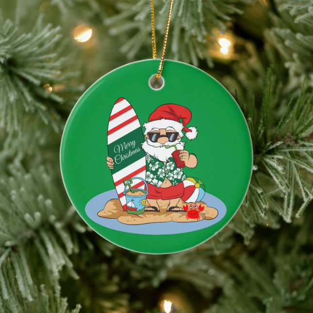 Funny Merry Christmas Santa on Summer Surf Beach Ceramic Ornament (Tree)