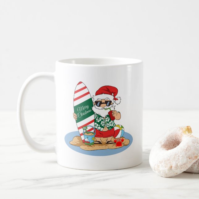 Funny Merry Christmas Santa on Summer Surf Beach Coffee Mug (With Donut)