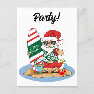 Funny Merry Christmas Santa on Summer Surf Beach Invitation Postcard