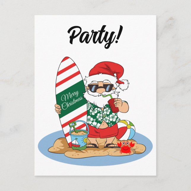 Funny Merry Christmas Santa on Summer Surf Beach Invitation Postcard (Front)