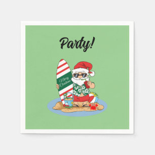 Funny Merry Christmas Santa on Summer Surf Beach Napkin