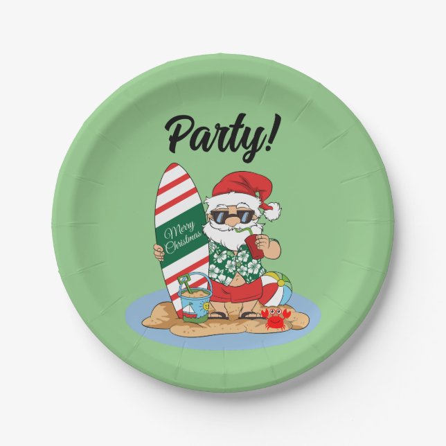 Funny Merry Christmas Santa on Summer Surf Beach Paper Plate (Front)