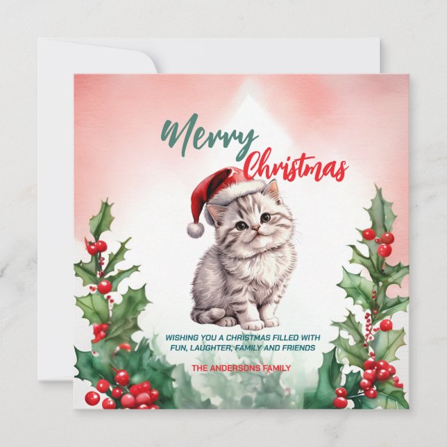 Funny Merry Christmas Wreath Cute Cat kitten Holiday Card (Front)
