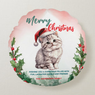 Funny Merry Christmas Wreath Cute Cat kitten Round Cushion